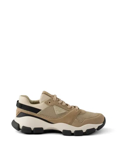 Prada Mesh Fabric And Suede Sneakers In Brown