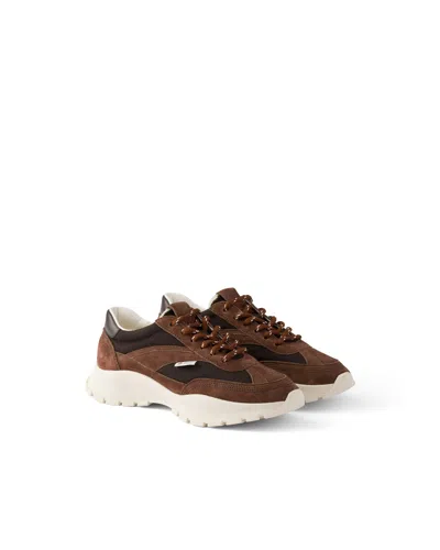Prada Mesh Fabric And Suede Sneakers In Brown