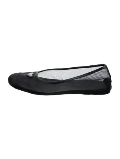 Pre-owned Prada Mesh Leather Trim Embellishment Ballet Flats In Black