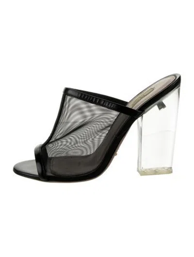 Pre-owned Prada Mesh Leather Trim Embellishment Mules In Silver