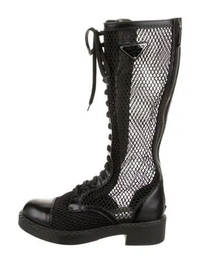 Pre-owned Prada Mesh Printed Combat Boots In Black