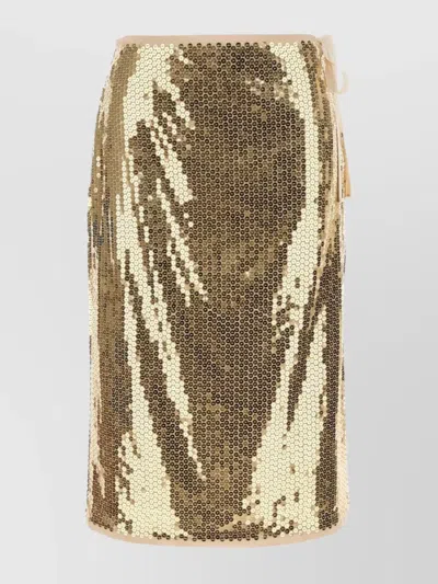 Prada Mesh Skirt With Sequin Embellishment And Side Tie In Gold