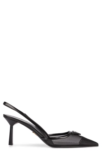 Prada 75 Logo Leather-trimmed Slingback Pumps In Black