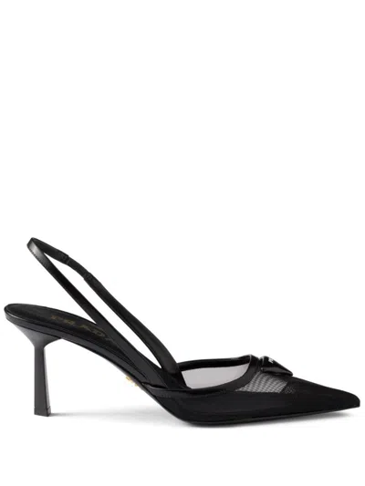 Prada 75 Logo Leather-trimmed Slingback Pumps In Black