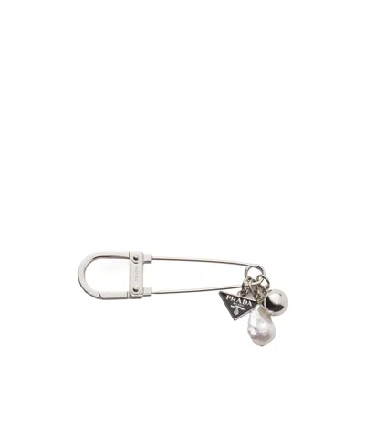 Prada Metal And Pearl Brooch In Silver
