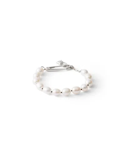 Prada Metal Bracelet With Pearls In Steel/pearl
