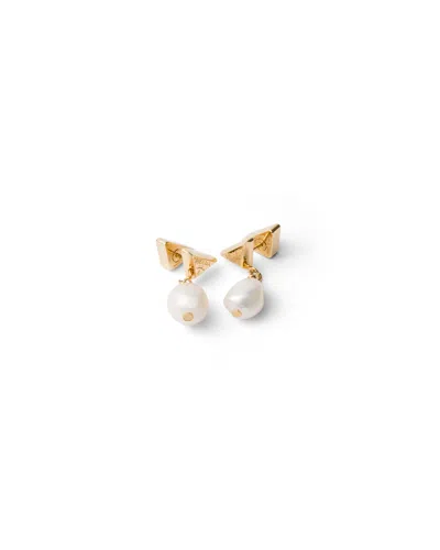Prada Metal Earrings With Pearls In Gold