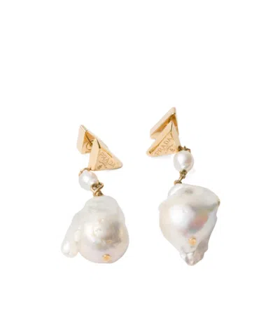 Prada Metal Earrings With Pearls In Multi