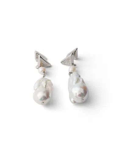 Prada Metal Earrings With Pearls In Steel/pearl