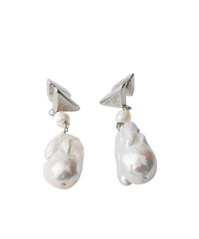 Prada Metal Earrings With Pearls In Steel/pearl