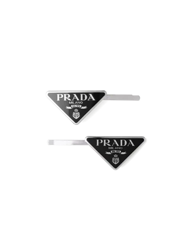 Prada Womens Black Logo-plaque Silver-toned Metal Hair Clips Set Of Two