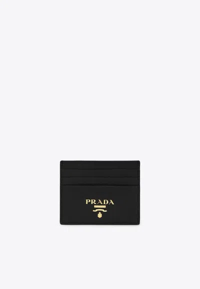 Prada Metal Logo Leather Cardholder In Black