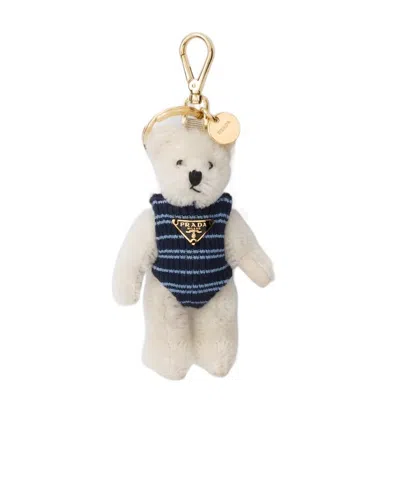 Prada Metal Ring Teddy Bear Keychain Charm In White/light Blue