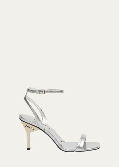 Prada Metallic Ankle-strap Sandals In Argento