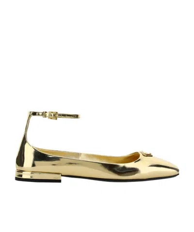 Prada Metallic-effect Leather Ballerina Shoes In Yellow
