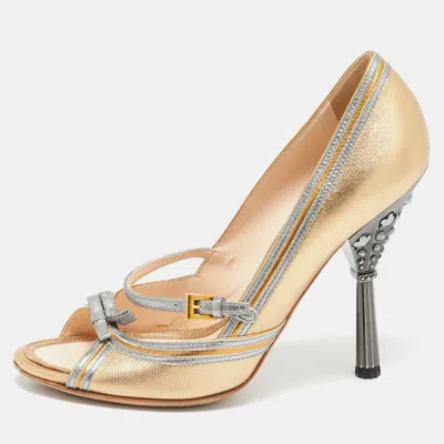 Pre-owned Prada Metallic Gold Leather Peep Toe Crystal Embellished Heel Pumps Size 36
