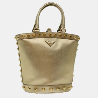 Pre-owned Prada Metallic Gold Saffiano Vernice Studded Bucket Bag