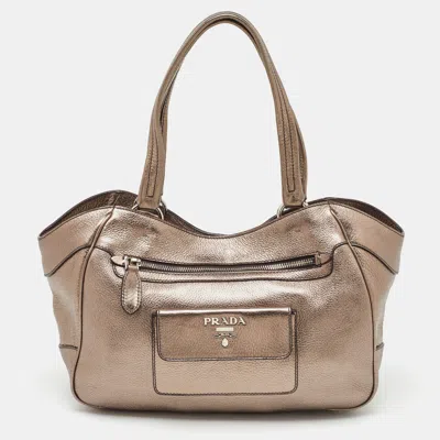 Pre-owned Prada Metallic Grey Leather Vitello Daino Front Pocket Shoulder Bag In Gray