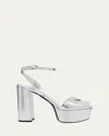 Prada Women's Metallic Leather Platform Logo Sandals In Argento