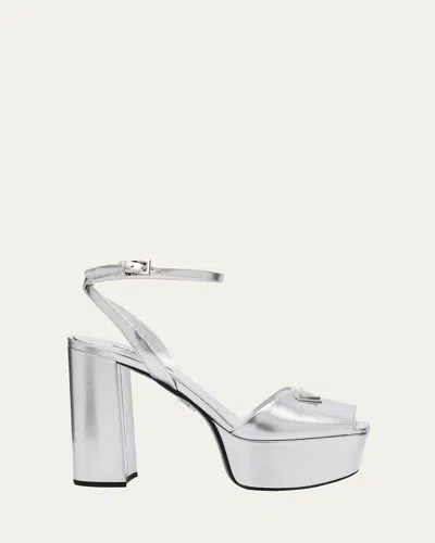 Prada Women's Metallic Leather Platform Logo Sandals In Argento