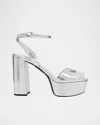 Prada Women's Metallic Leather Platform Logo Sandals In Argento