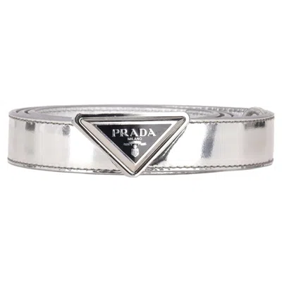 Pre-owned Prada Metallic Leather Belt With '' Triangle Logo Buckle In Gray