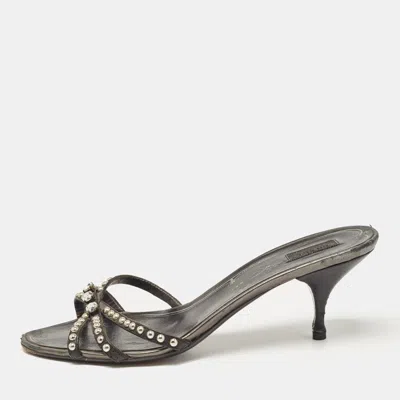 Pre-owned Prada Metallic Leather Crystal Embellished Slide Sandals Size 39.5