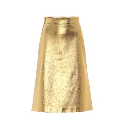 Prada Metallic Leather Midi Skirt In Gold