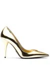 Prada 85mm Logo-plaque Leather Pumps In Gold