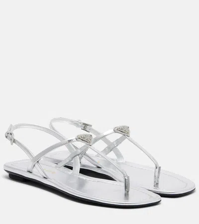 Prada Metallic Leather Sandals In White