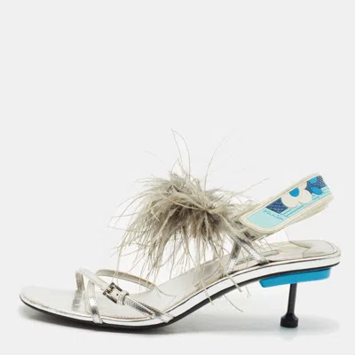 Pre-owned Prada Metallic Silver Leather And Ostrich Feather Ankle Strap Sandals Size 40