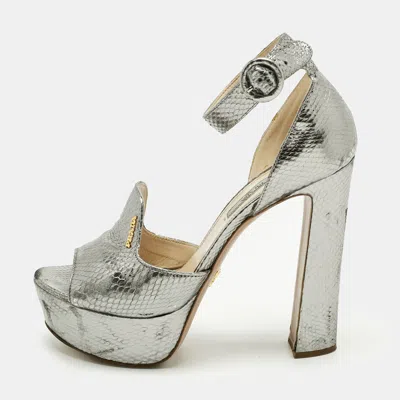 Pre-owned Prada Metallic Silver Python Embossed Leather Ankle Strap Platform Sandals Size 38.5