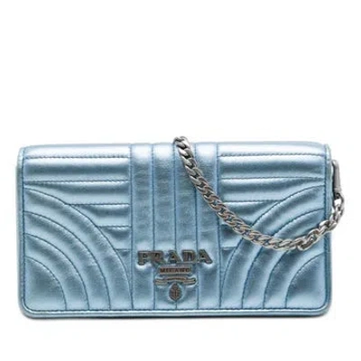Pre-owned Prada Metallic Soft Calf Impunture Diagramme Wallet On Chain In Blue