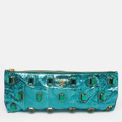 Pre-owned Prada Metallic Teal Snakeskin Whips Pietre Clutch In Green