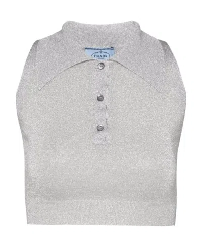 Prada Metallic-threading Crop Top In Grey
