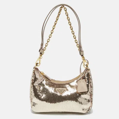 Pre-owned Prada Metallic/beige Sequins Mini Re-edition Shoulder Bag In Silver