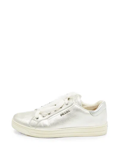 Pre-owned Prada Metallic-effect Lace-up Sneakers In Silver