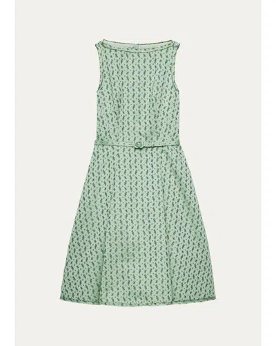 Prada Micro-floral Cotton-blend Belted Midi Dress In Green
