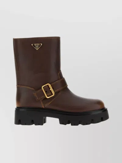 Prada Mid-calf Round Toe Chunky Sole Boots In Brown