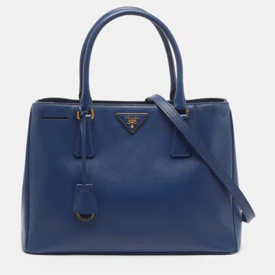 Pre-owned Prada Middle Zip Small Navy Blue Saffiano Lux Leather Tote