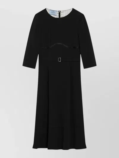 Prada Midi Dress Belted Waist Three Quarter Sleeves In Black