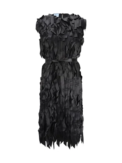 Prada Ribbon Detail Belted Midi Dress In Black