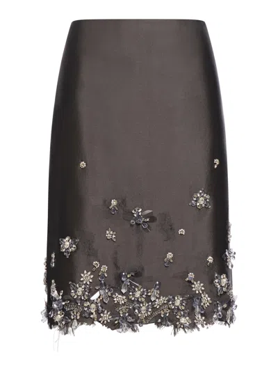 PRADA MIDI SKIRT IN WOOL AND SILK WITH APPLICATIONS