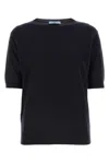 Prada Cashmere Ribbed Crew-neck Sweater With Short Sleeves In Blue