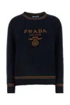 Prada Blue Cashmere Blend Sweater With Logo In Blu+tabacco