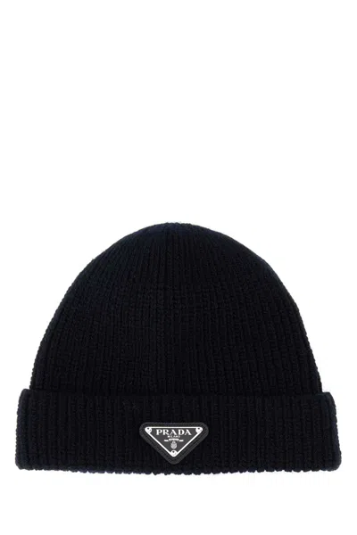Prada Wool Blend Beanie Hat With Ribbed Knit In Blue