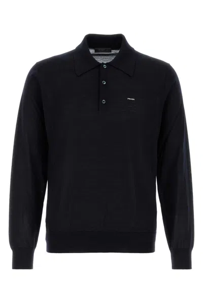 Prada Midnight Blue Wool Polo Shirt In Black