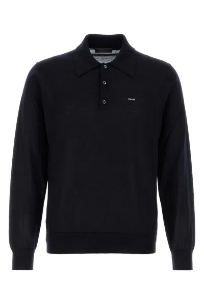 Prada Midnight Blue Wool Polo Shirt In Black