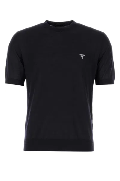 Prada Embroidered-logo Wool T-shirt In Black