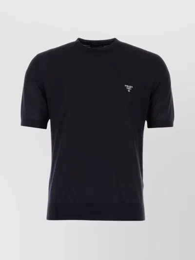 Prada Embroidered-logo Wool T-shirt In Black